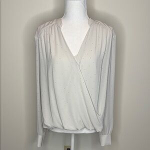 White House Black Market Gray Wrap Bubble Front Blouse with Tiny Studs. Size 8